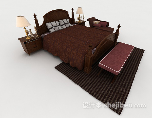 中式风格新中式棕色木质双人床3d模型下载