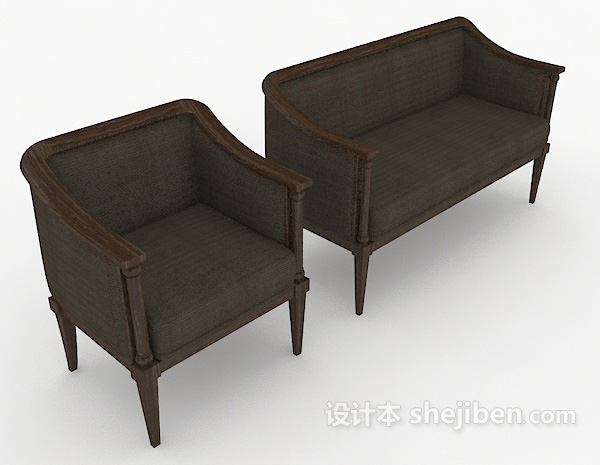新中式简约木质多人沙发3d模型下载