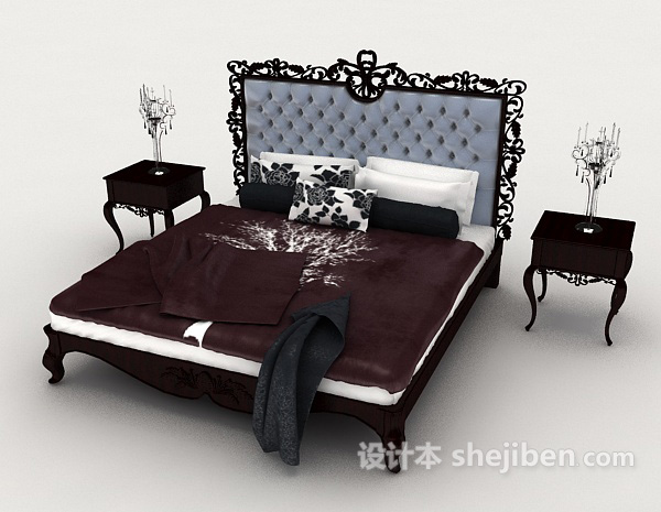 免费欧式木质雕花双人床3d模型下载
