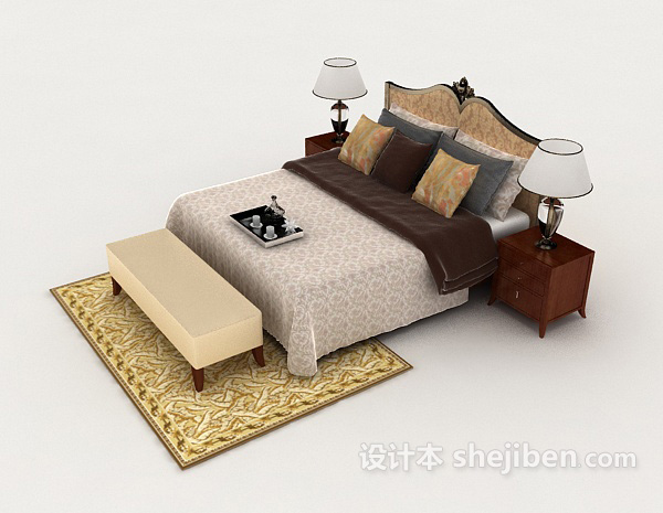 设计本木质花纹双人床3d模型下载