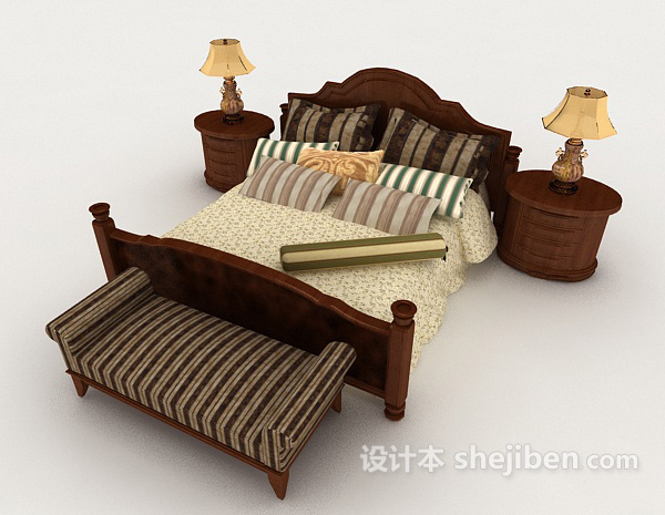 免费中式家居复古双人床3d模型下载