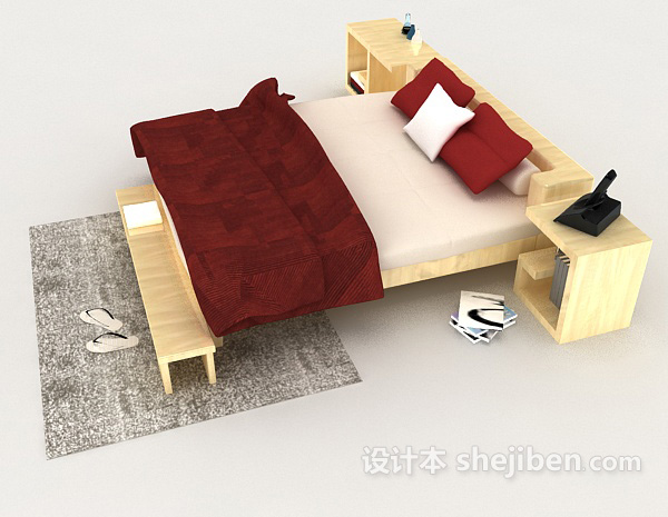 设计本红色木质双人床3d模型下载