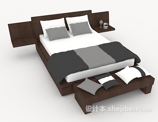 简单实木双人床3d模型下载