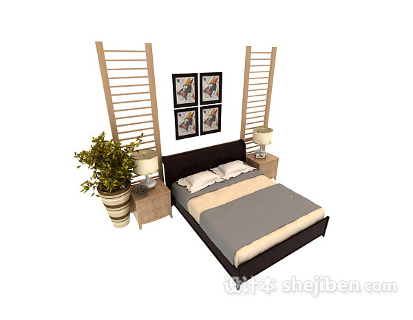 免费家居木质简单双人床3d模型下载