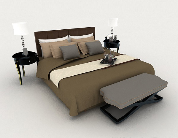 免费现代家居棕色简单双人床3d模型下载