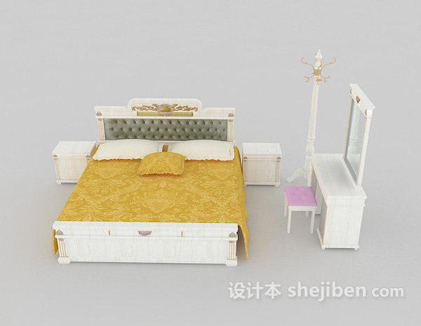 现代风格欧式简单白色双人床3d模型下载