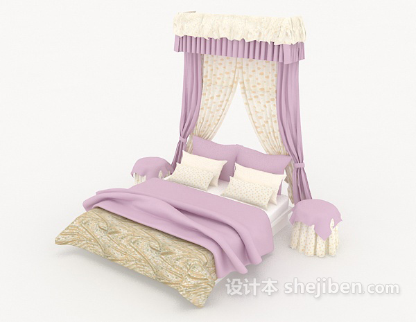 免费浅紫色浪漫双人床3d模型下载