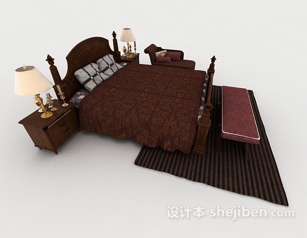 免费新中式棕色木质双人床3d模型下载