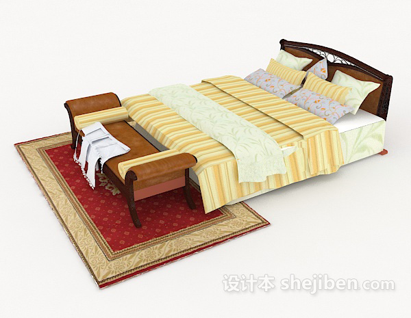 设计本黄色条纹双人床3d模型下载