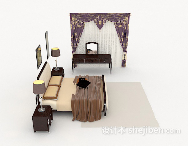 设计本中式复古木质双人床3d模型下载