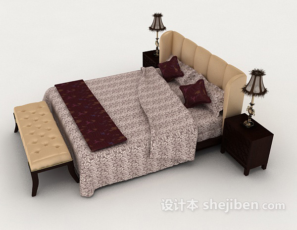设计本家居简单棕色双人床3d模型下载