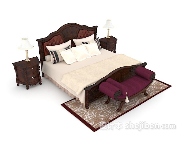 中式木质复古双人床3d模型下载