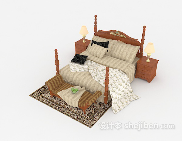 中式风格新中式木质棕色双人床3d模型下载