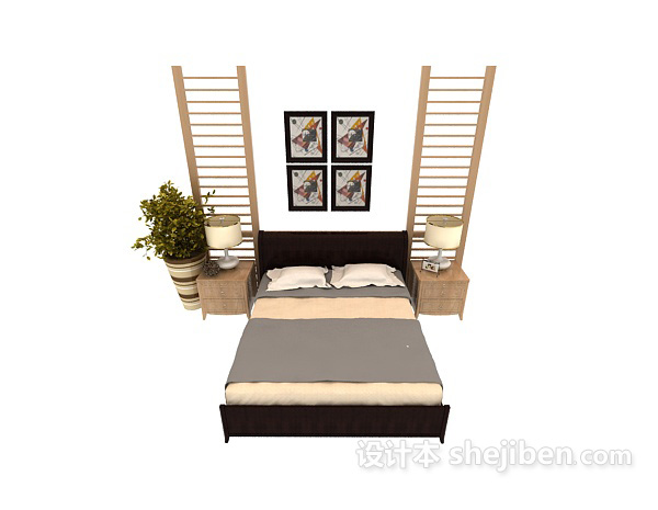 现代风格家居木质简单双人床3d模型下载