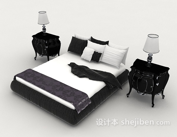 免费欧式简约黑白双人床3d模型下载