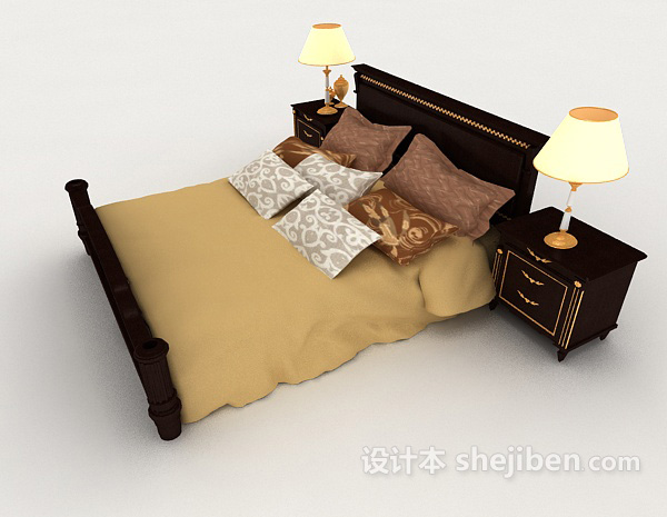设计本木质家居黄棕色双人床3d模型下载