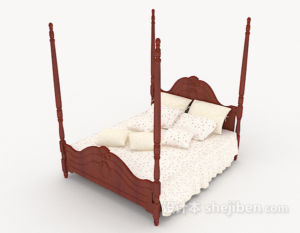 免费中式简单木质双人床3d模型下载