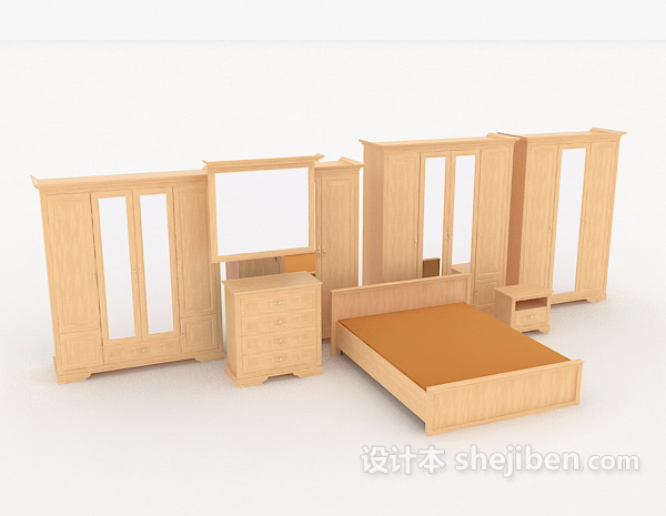 免费简单家居黄色床柜组合3d模型下载
