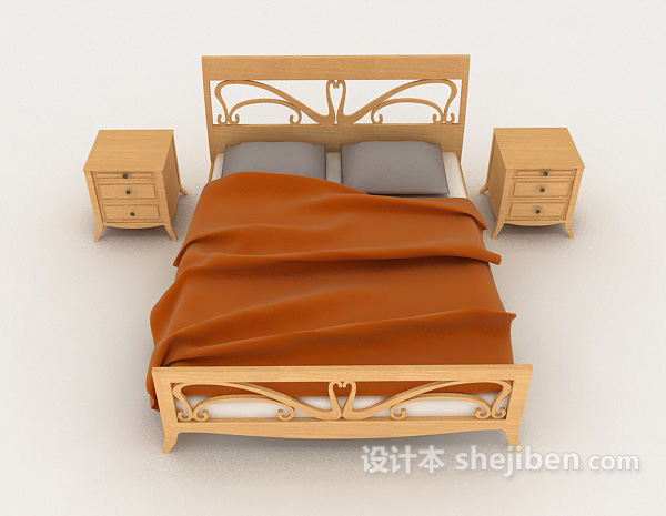 现代风格橙色木质双人床3d模型下载