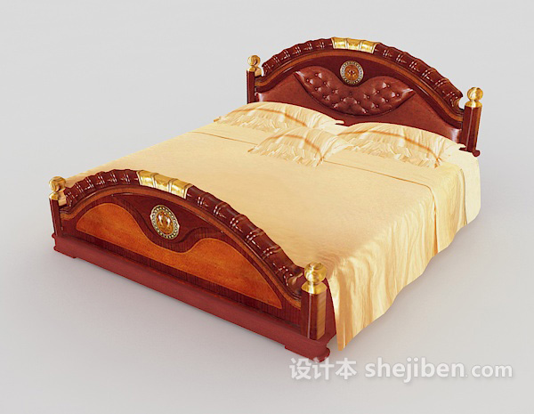 中式风格新中式棕色实木双人床3d模型下载