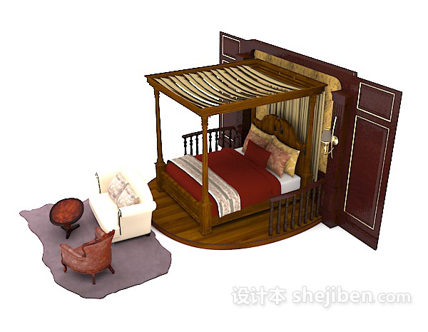 设计本木质棕色家居双人床3d模型下载