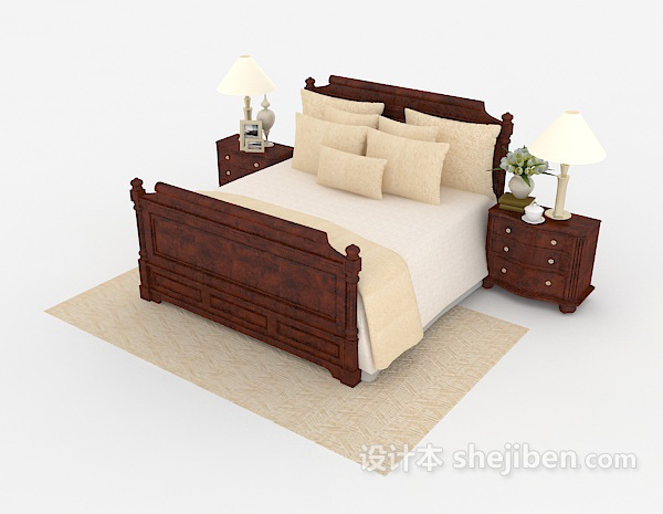 免费新中式木质米黄双人床3d模型下载