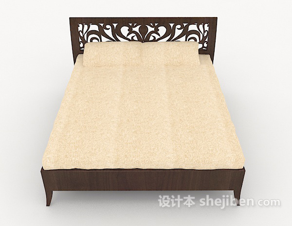中式风格木质雕花双人床3d模型下载