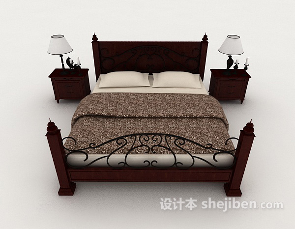 中式风格新中式双人木质床3d模型下载
