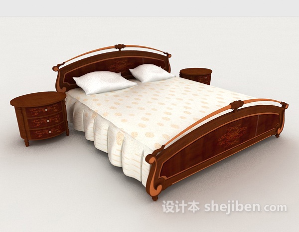 免费中式复古花纹双人床3d模型下载