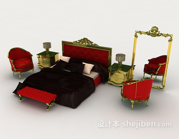 免费欧式高贵双人床3d模型下载