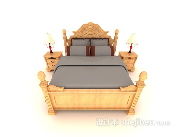 中式风格新中式木质黄色双人床3d模型下载