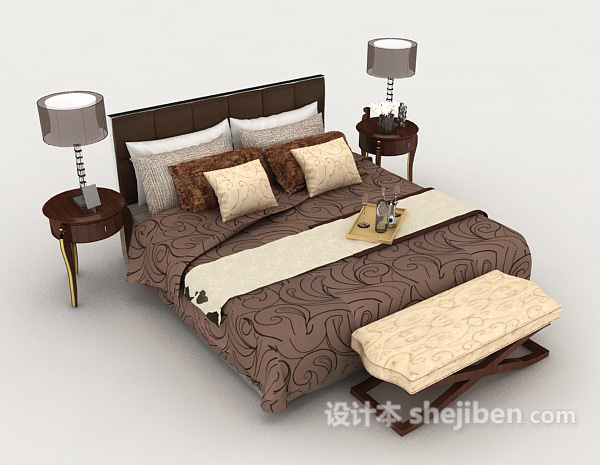 家居棕色木质双人床3d模型下载