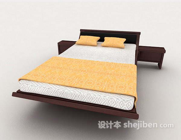 现代风格个性简约木质棕色双人床3d模型下载