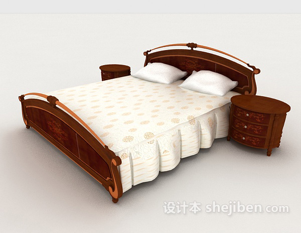 中式复古花纹双人床3d模型下载