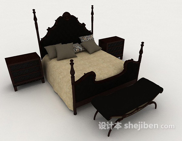 免费常见欧式双人床3d模型下载