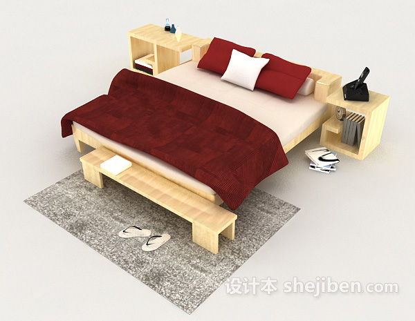 免费红色木质双人床3d模型下载