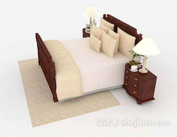中式风格新中式木质米黄双人床3d模型下载