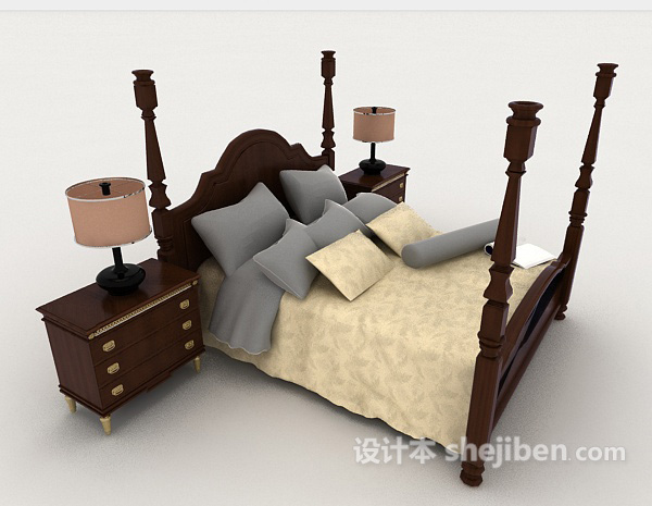 设计本家居简单木质黄色双人床3d模型下载