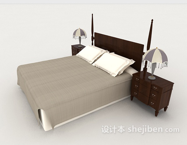 设计本新中式简约实木双人床3d模型下载