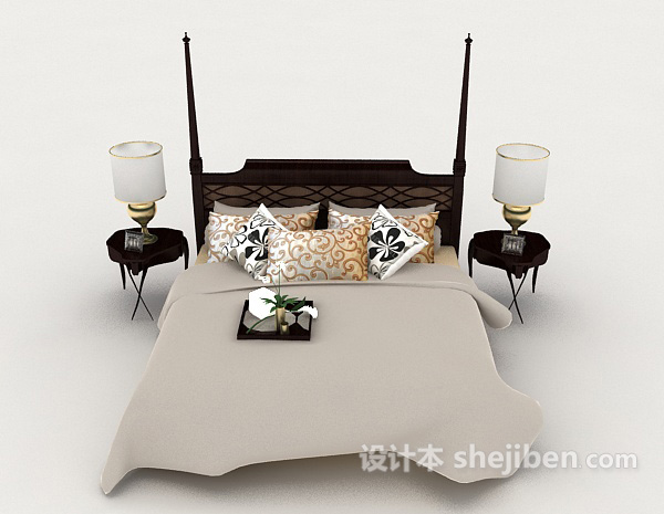 中式风格新中式木质家居双人床3d模型下载