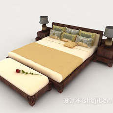 木质暖黄色简约双人床3d模型下载