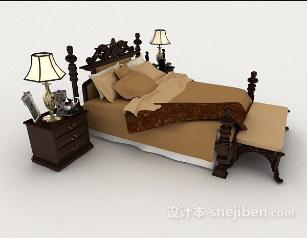 设计本新中式木质棕色家居双人床3d模型下载