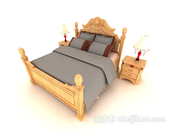 新中式木质黄色双人床3d模型下载
