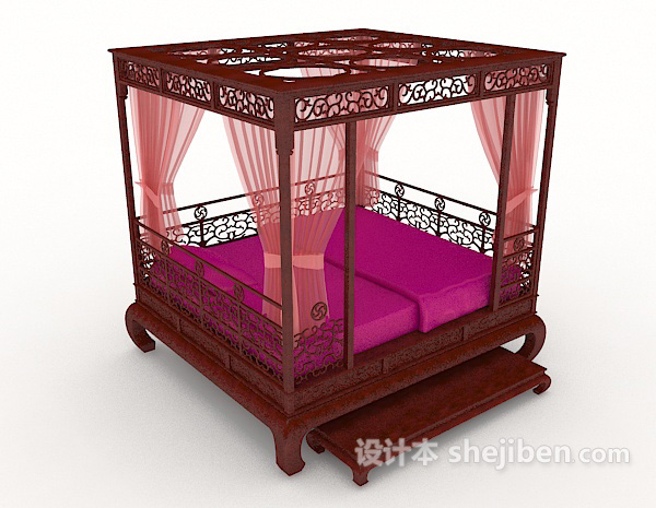 中式红木家居床3d模型下载