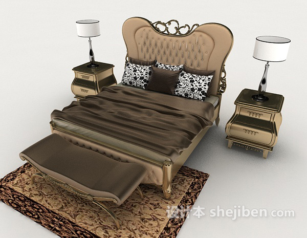 免费深棕色欧式双人床3d模型下载