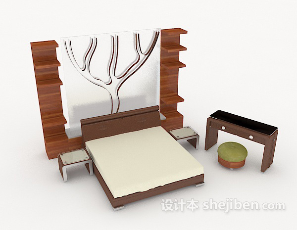 现代风格家居简约木质双人床3d模型下载