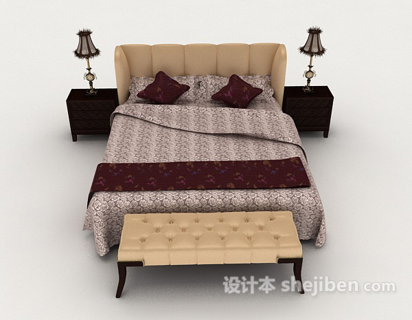 现代风格家居简单棕色双人床3d模型下载