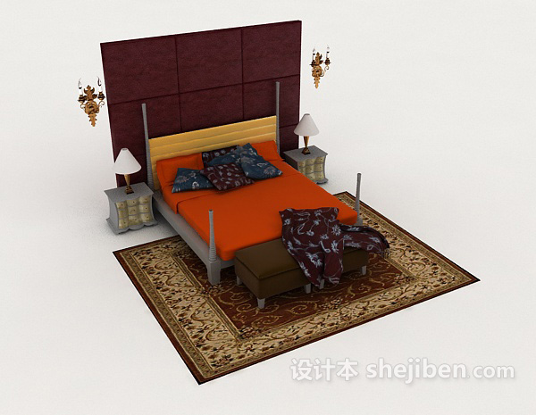 个性橙色双人床3d模型下载
