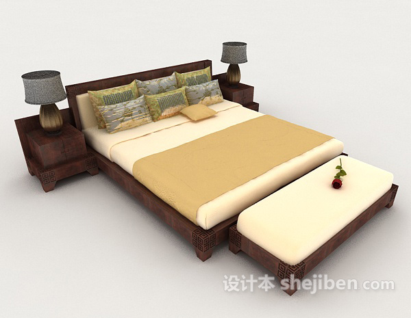 免费木质暖黄色简约双人床3d模型下载
