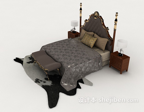 设计本欧式灰色家居双人床3d模型下载